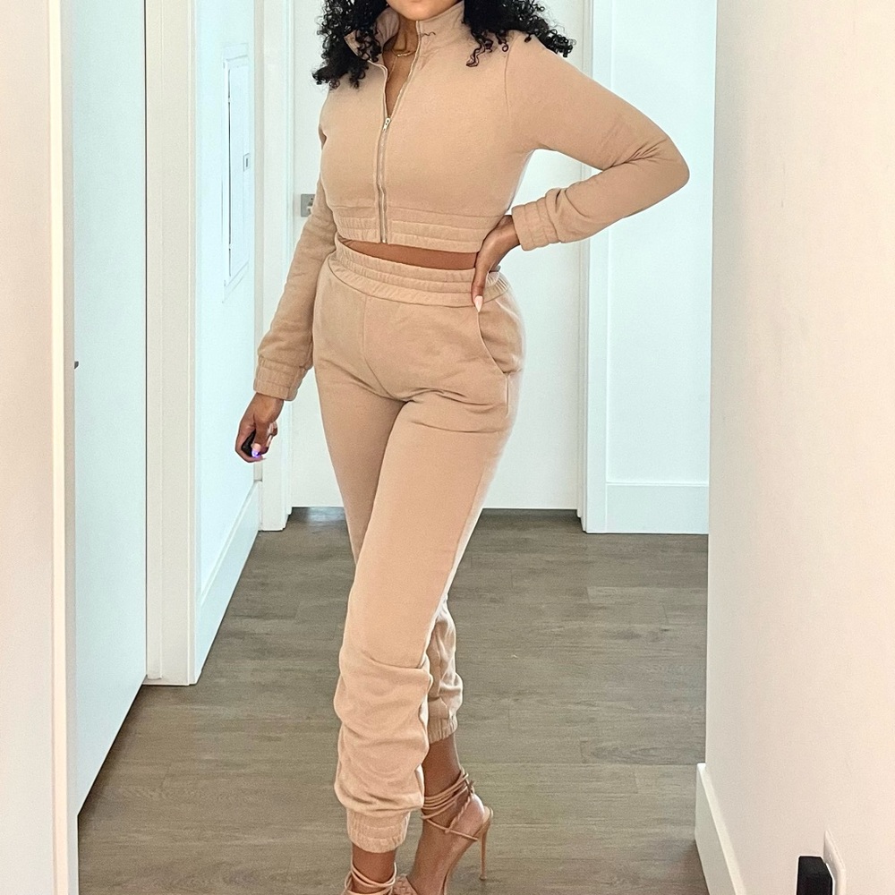 Beige Tan Plush Lounge Jogger Sweats Set
